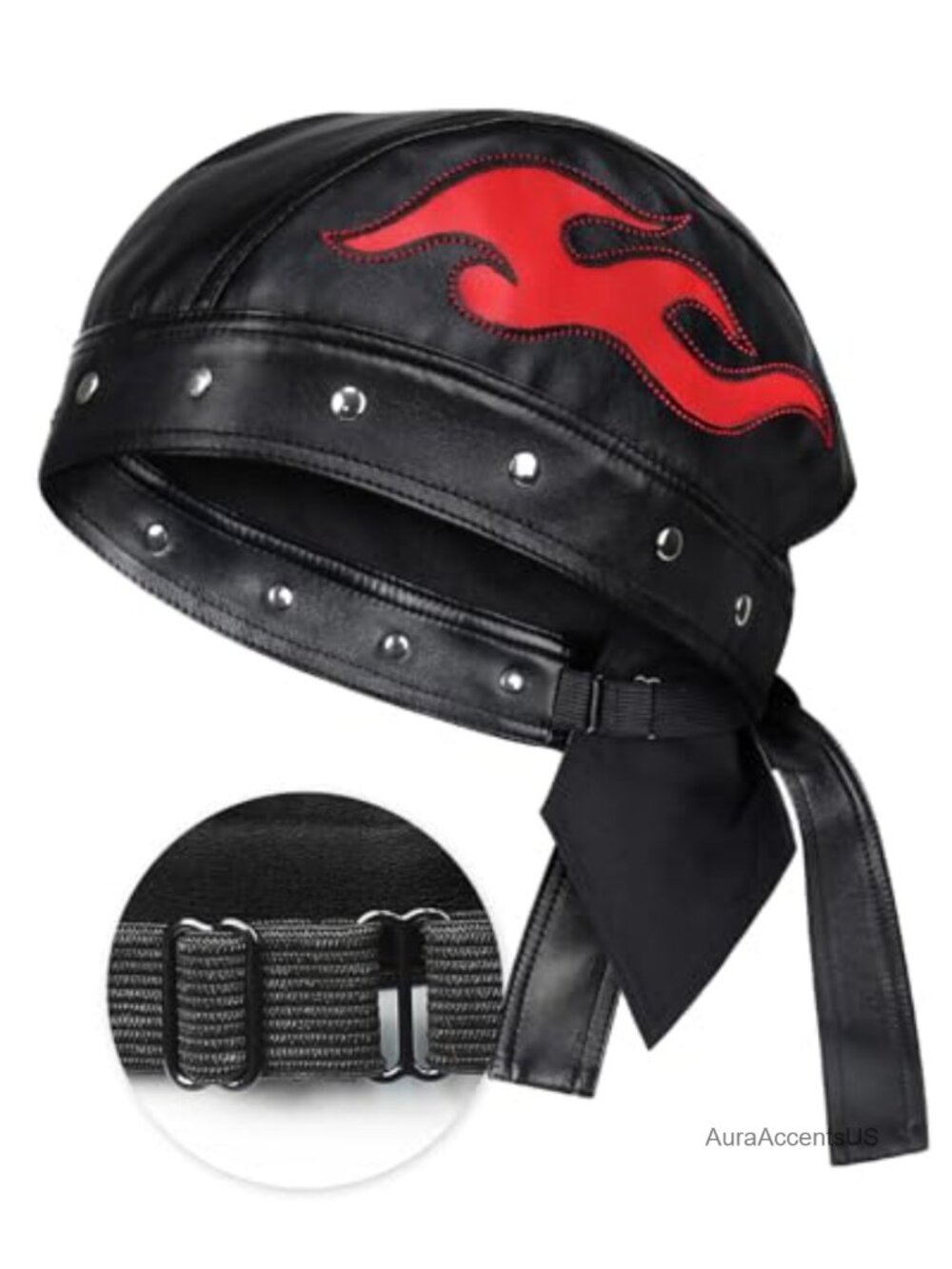 Leather Look Biker Cap Skull Cap Adjustable Strap Flame Embroidery